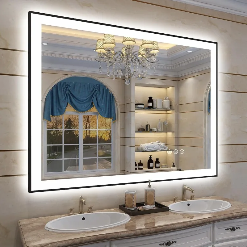 

Led Bathroom Mirrors with Trim, Lighted Vanity Mirrors for Wall, 3 Colors, Dimmable, Anti-Fog, Memory, Shatterproof,