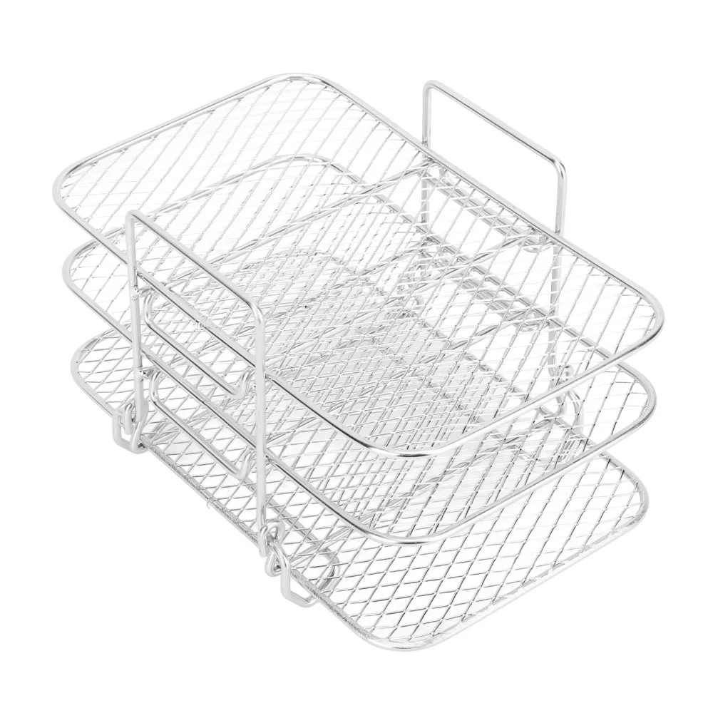 Stainless Steel Air Fryer Rack Silver Rectangle Shape Baking Rack Non-Stick Surface 3 Layer Stackable Grill Rack Bacon Cooking