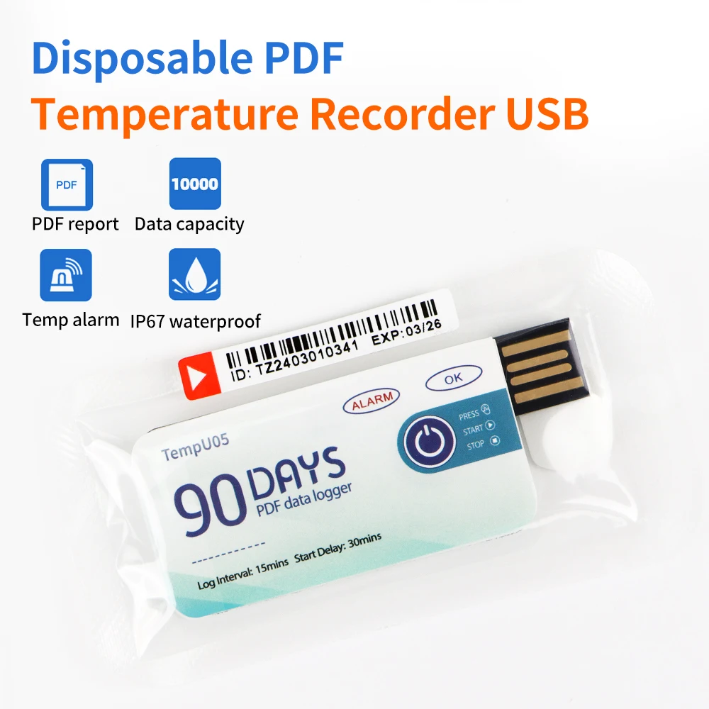 Rejestrator temperatury USB 60/90 dni, jednorazowy rejestrator temperatury z raportem PDF, rejestrator temperatury do transportu chłodniczego i magazynowania.