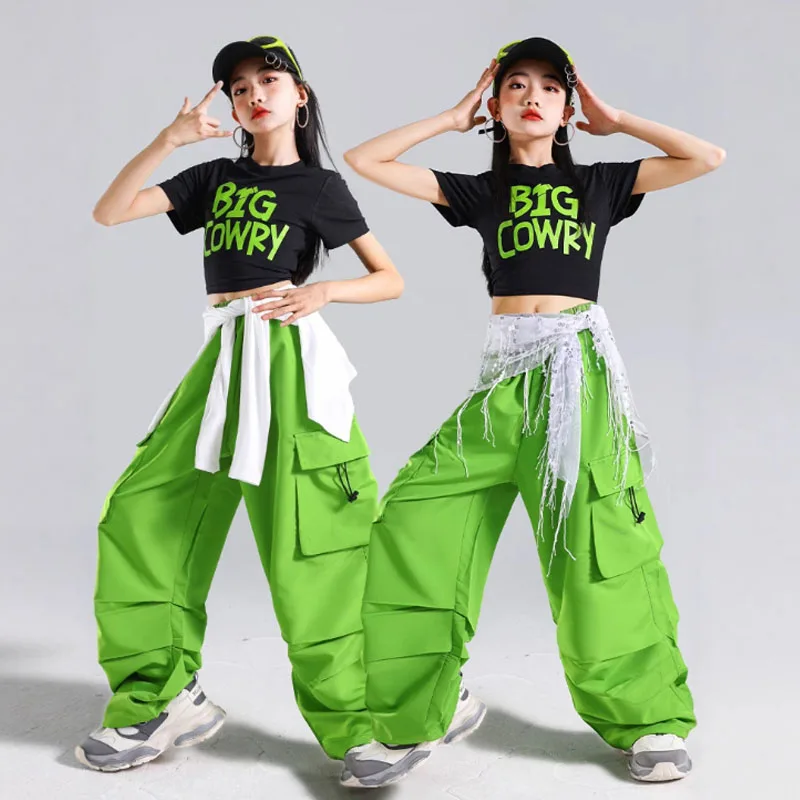 Tops cortos K-pop para niñas, pantalones para correr verdes, trajes de baile callejero de Hip Hop para niños, ropa de calle para niños, conjuntos de ropa de Jazz para grupo de niñas