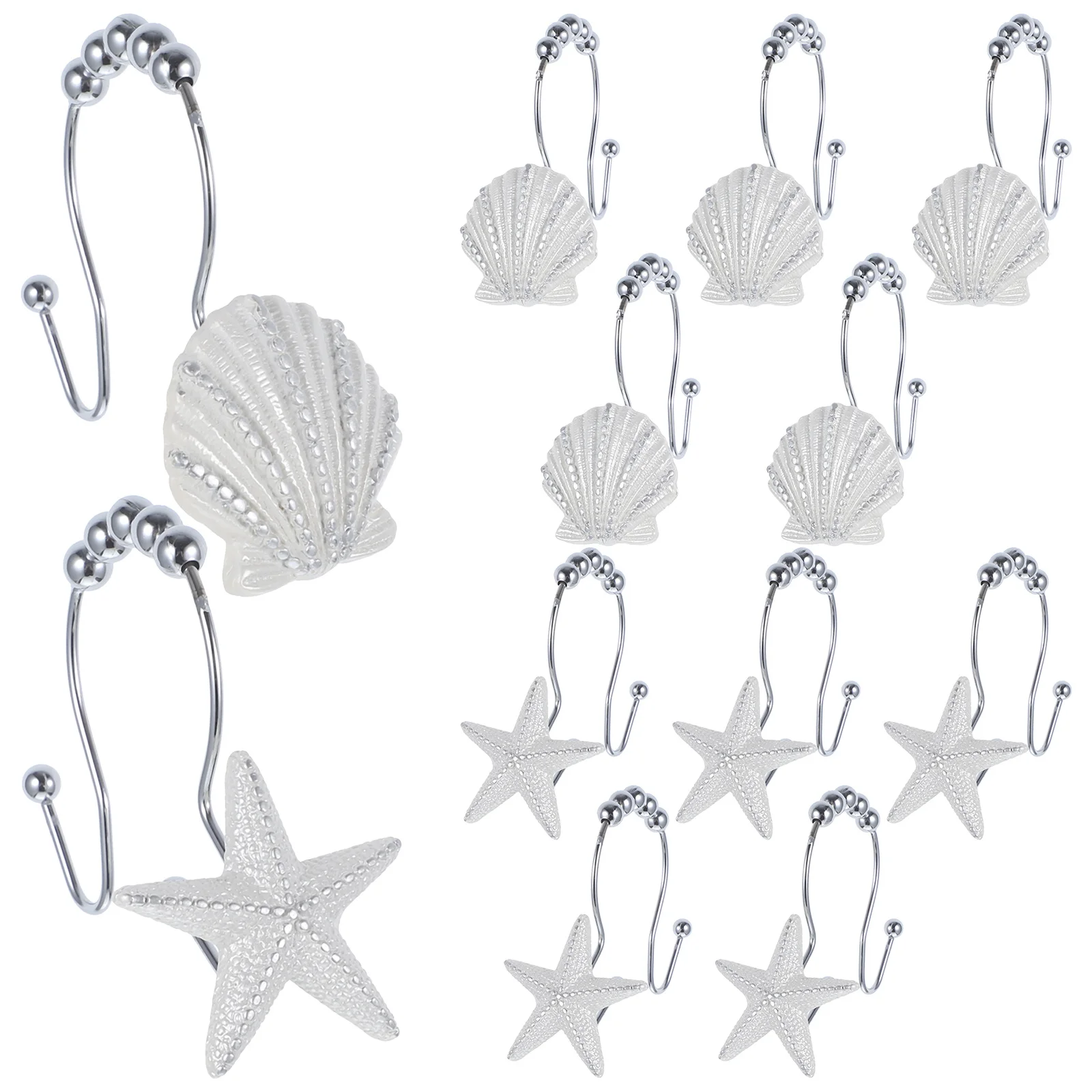 

12 pcs Bath Curtain Rings Hangers Shower Hooks Stainless Steel Rustproof Ocean Themed Seahorse Seashell Design Easy