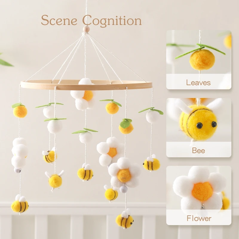 Baby Rattle Toys Wooden Mobile Musical Bed Bell Hanging Toy 0-12Month Newborn Cute Honeybee Hairball Infant Crib Holder Brackets