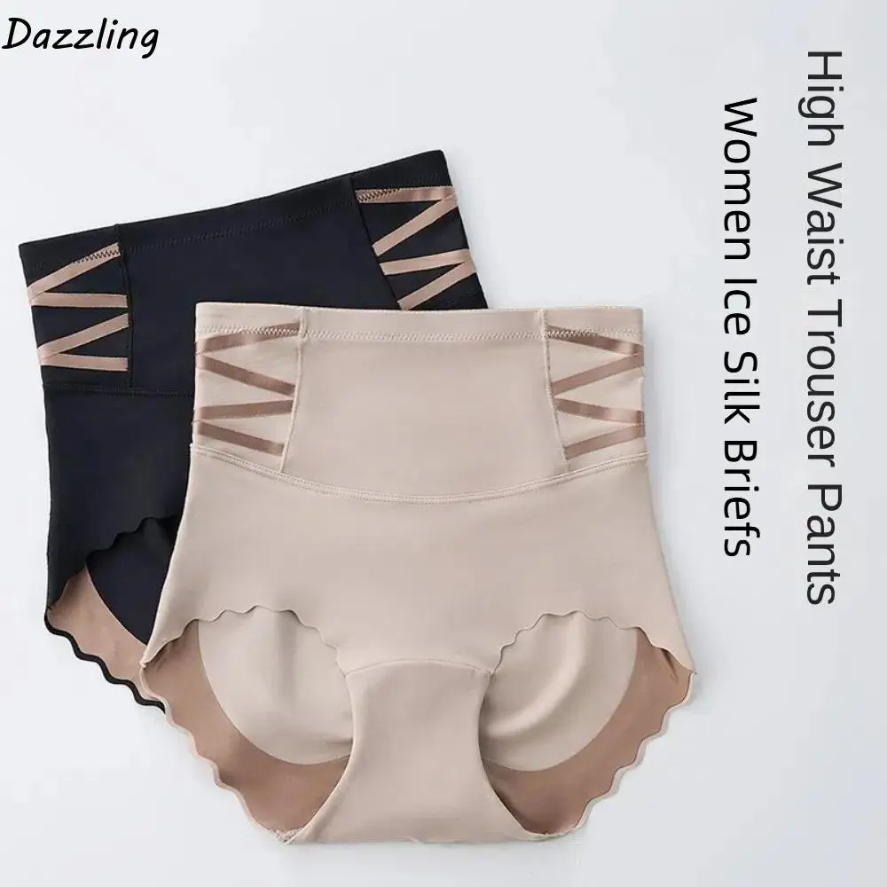 

High Waist Women Ice Silk Briefs Lingeries Belly Contracting Postpartum Panties Cotton Crotch Traceless Seamless Shapewear Yoga
