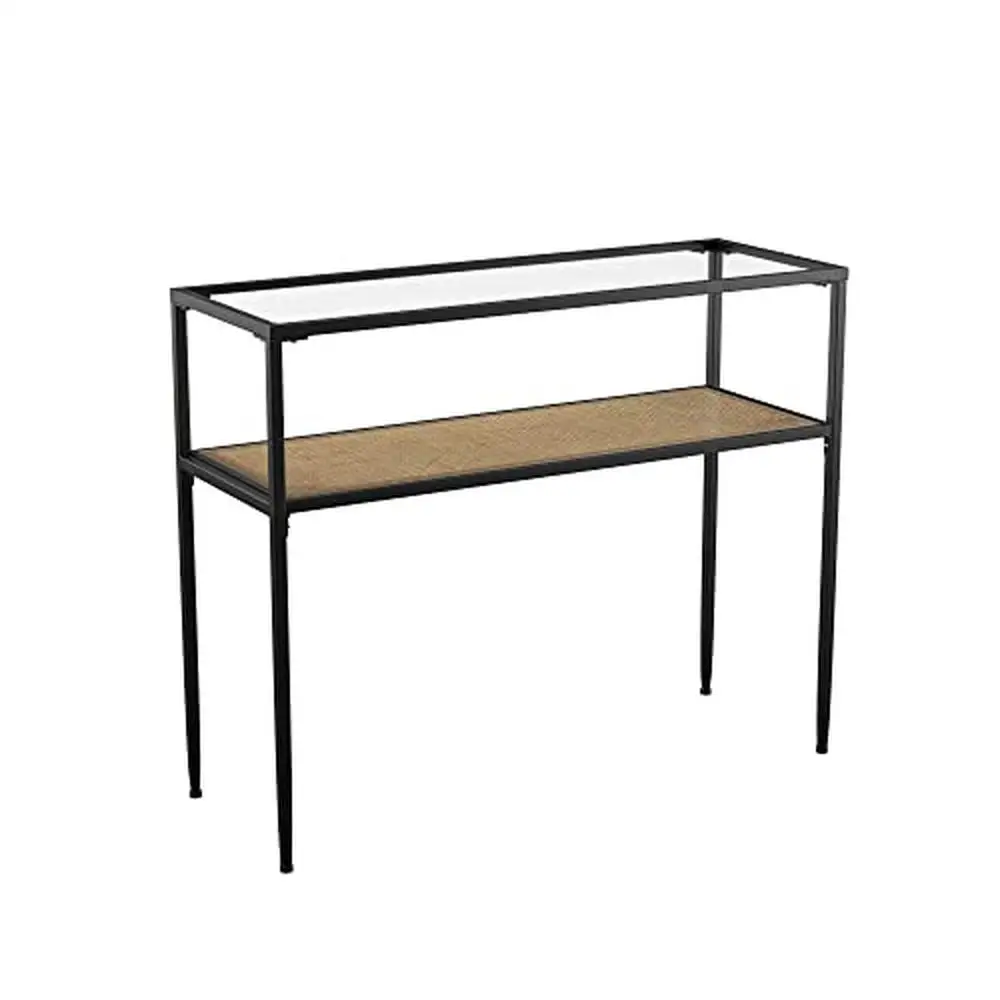 Glass Shelf Console Table with Rattan Accent Black Natural Two-tier Entryway 39.5