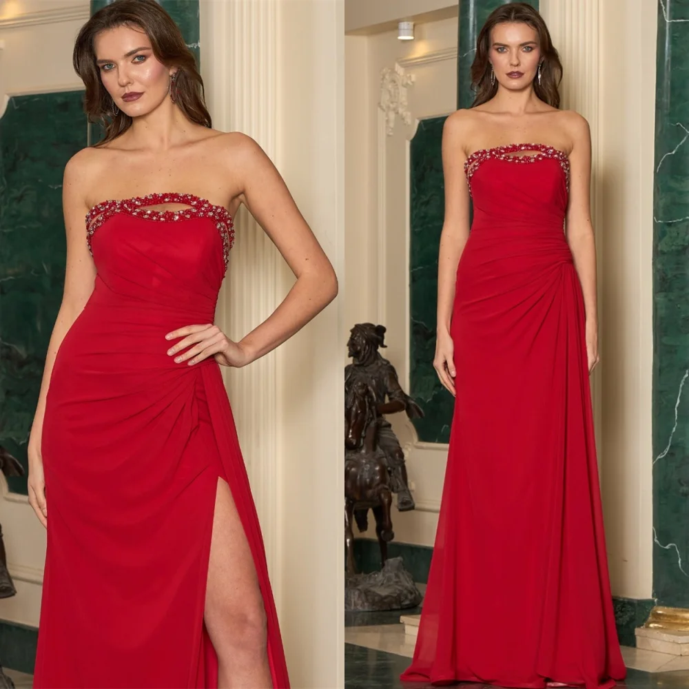 

Customized Romantic Red Evening Dress Formal Strapless Sleeveless Homecoming Dresses Fashion Sweep Train Celebrity Gowns