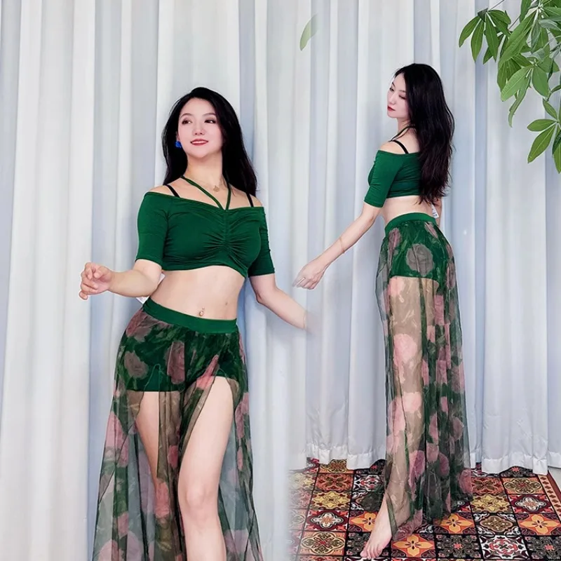 Юбка для танца живота по индивидуальному заказу, тренировочное платье, новинка 2025 года, чернильный порошок, имитация шелка, широкие брюки с разрезом, модальная одежда для танца живота