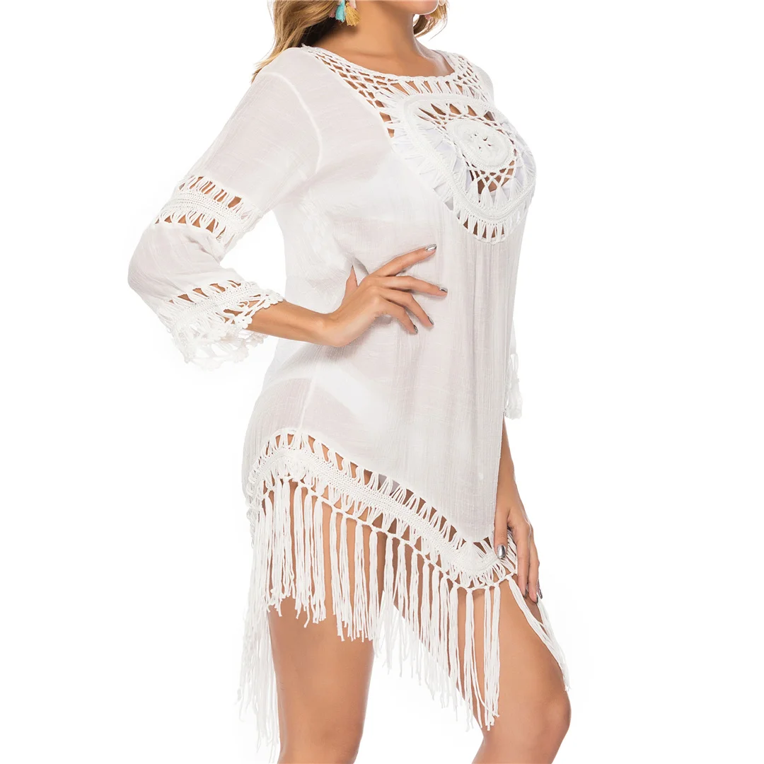 Neue Fransen-Quasten-Häkeltunika mit Aushöhlungen, Strand-Cover-up, Strandkleid, Strandbekleidung, Damenmode V2657 – Detail 25