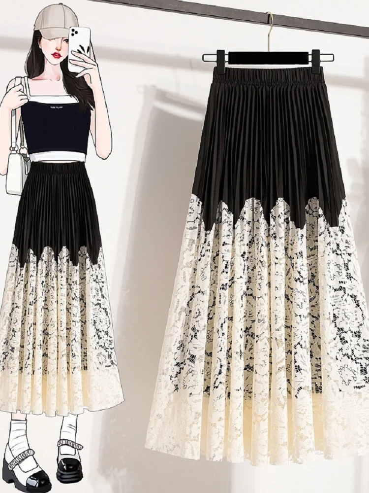 Women's elegant design sense lace patchwork pleated half skirt spring and autumn new color blocked large swing A-line skirt