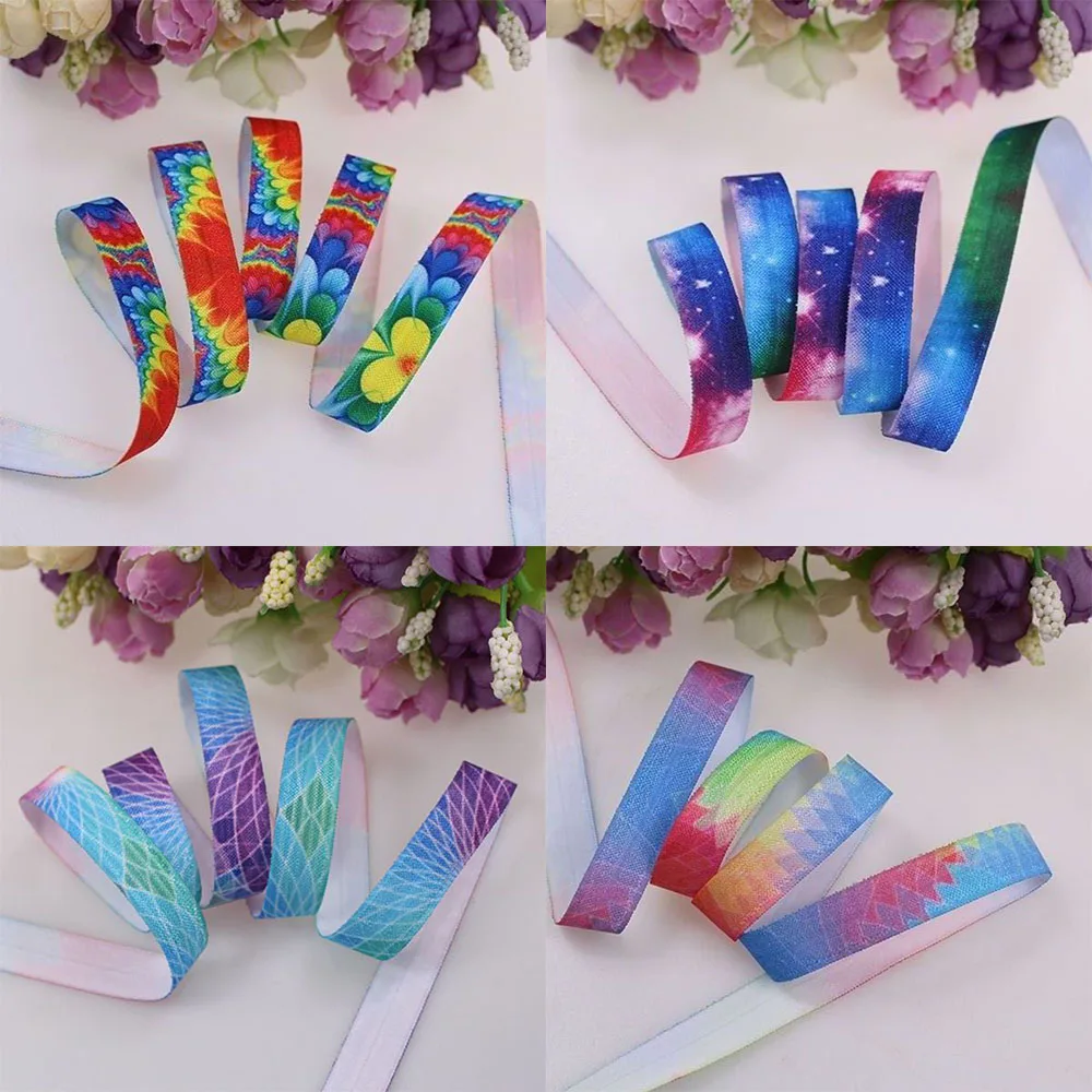 

15mm 5/8" Heat Transfer Rainbow Galaxy Starry Sky Printing FOE Fold Over Elastic Ribbon For Hair Bands Headbands Hair Ties