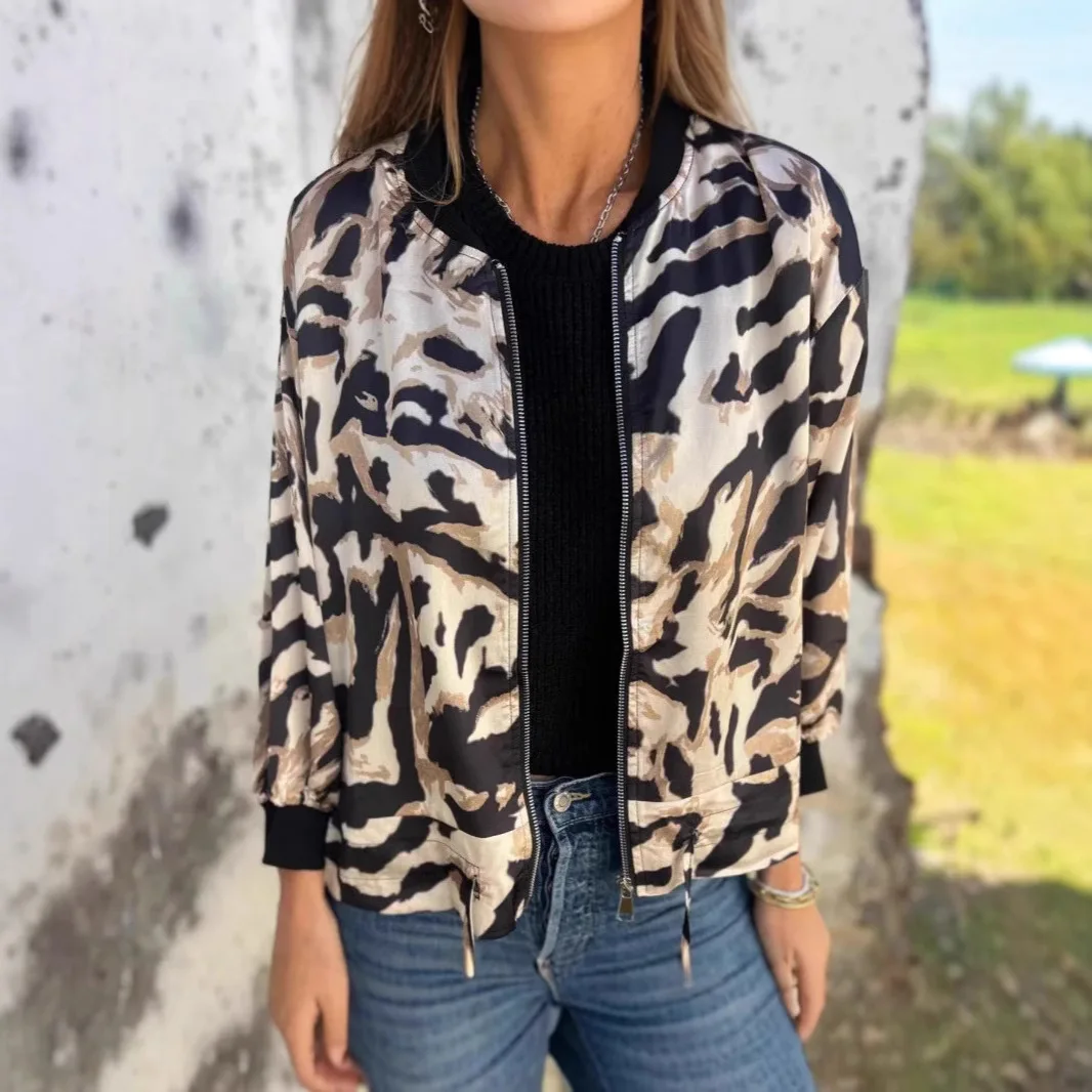2025 Autumn Fashion Leopard Print Women's Jacket Casual Round Collar Long Sleeve Hem Drawstring Zipper Open-Class Loose Jacket