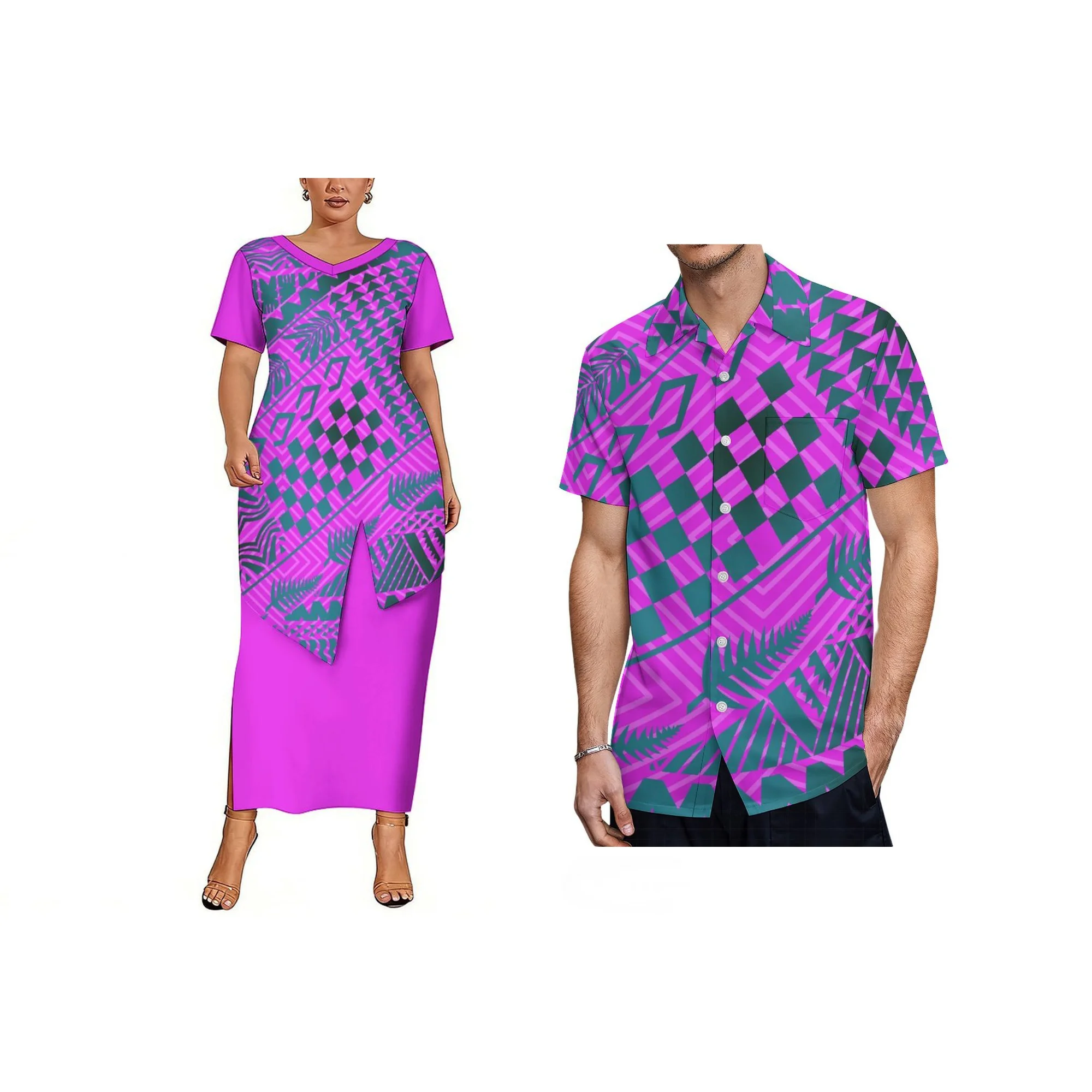 

Customized Plus Size New Zealand Crew Neck Double Layered Frill Dress Samoan Puletasi Ladies Dress Match Aloha Men Shirt 2pcs