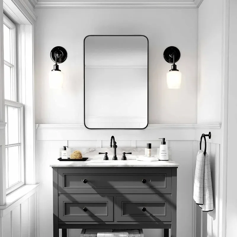 Wall Mount Mirror for Bathroom, Brush Black Metal Framed Rounded Corner Rectangular Vanity Mirror (20