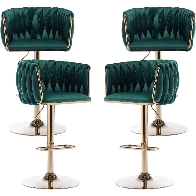 Velvet Bar Stools Set of 4, Swivel Counter Height Bar Stool with Woven Back, Gold Kitchen Bar Stools