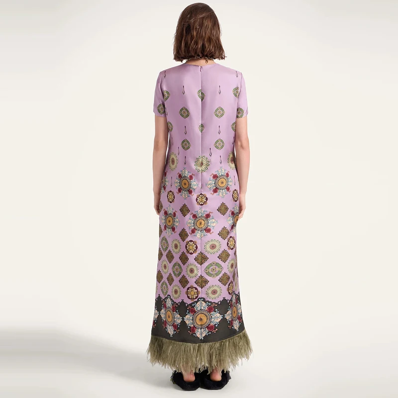 Women Feather Hem Loose Long Dress Art Floral Print Crew Neck Short Sleeve Maxi Dress Elegant Holiday Beach Casual Summer Dress