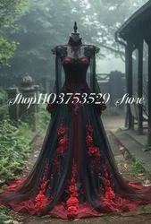 Fantasy Victorian Prom Dress Black Red Gothic High Neck 3D Floral Appliques Tulle Long Sleeve Masquerade Customized Party Dress