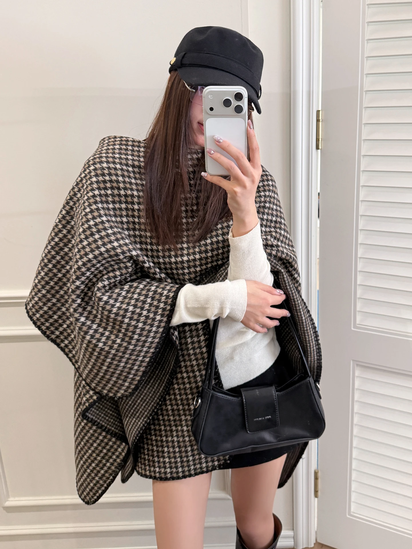 Vintage Old Money Style Houndstooth Cape Shawl Women's Autumn Warm Scarf Windproof Neck Guard Decorative Muffler