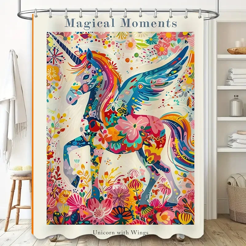Colorful Unicorn Shower Curtain with Wings Magical Moments Design Easy Install for Bathroom Decorations 72x84 inches Home Access