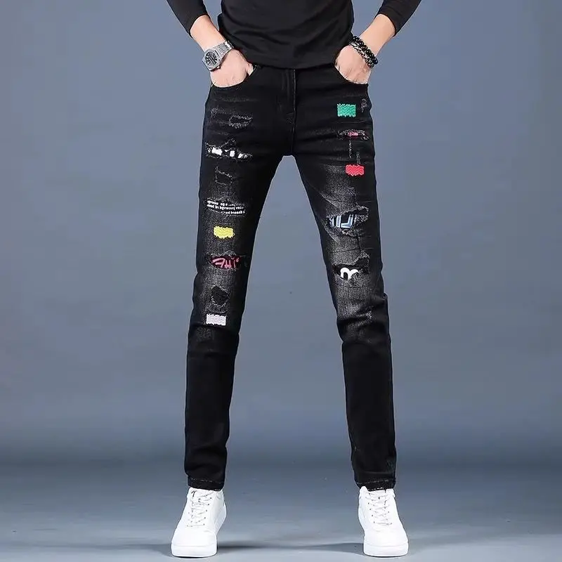 Men\'s Clothing Spring and Autumn Fashion Brand Hole Slim-fit Korean Style Skinny Trousers Stretch Jeans Pants