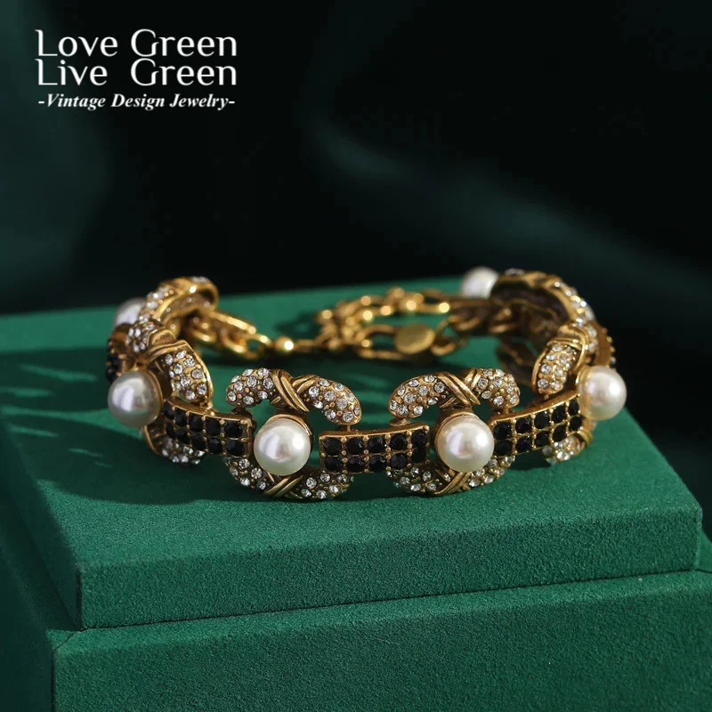 

Vintage Bracelets For Woman Pearls Bangles Girls Jewelry Designer Luxury Black Rhinestones Gifts For My Girlfriend Valentine