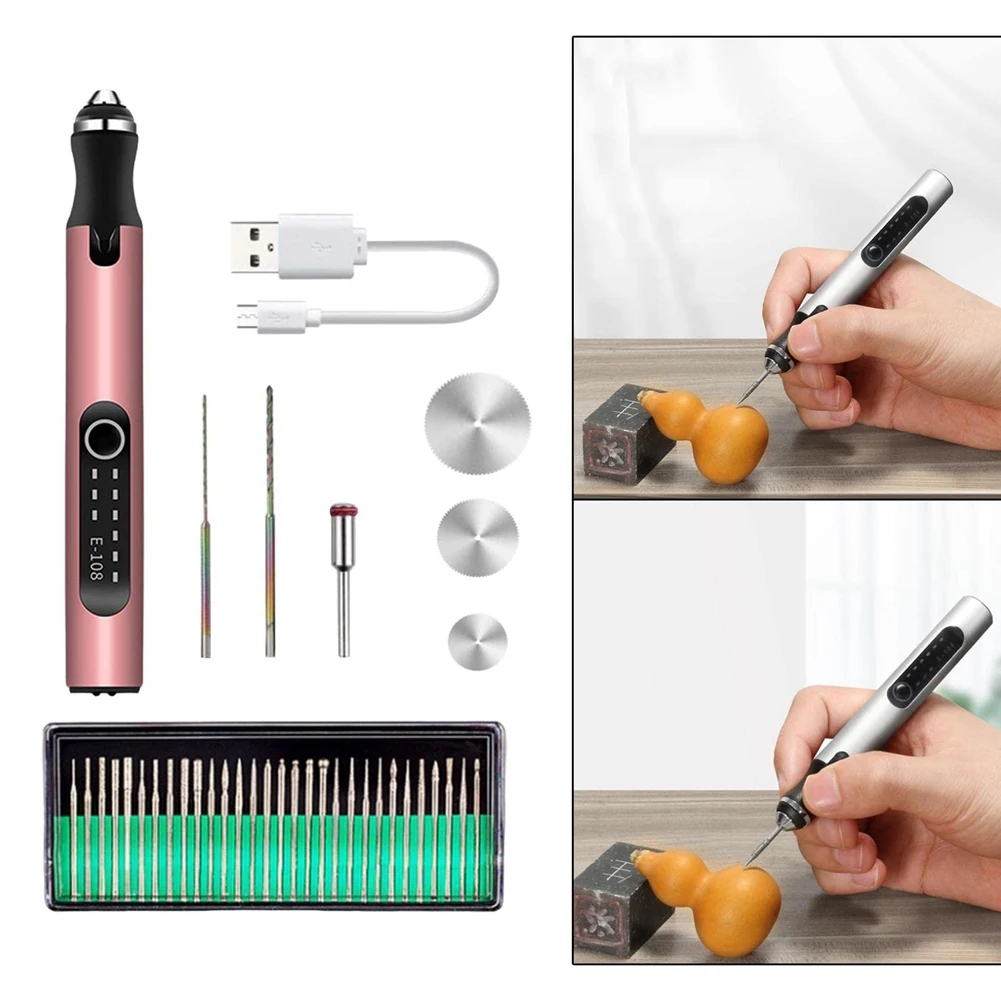 Caneta Micro-Gravação Portátil, Precisão Profissional com Scriber com Bits, USB Recarregável, Ouro Rosa