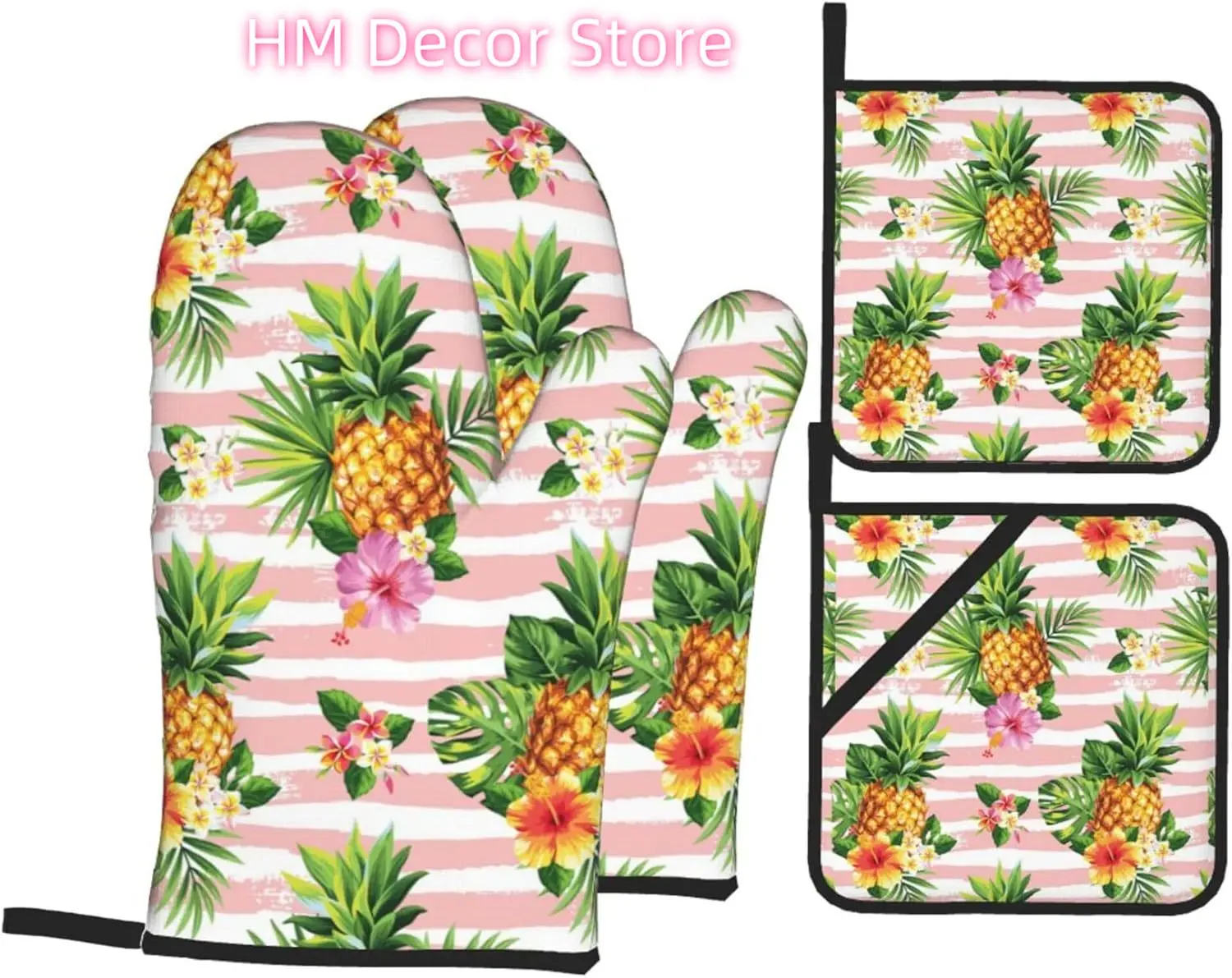 Palm Leaves Pineapple Oven Mitts and Pot Holders Sets of 4, Cooking Gloves Non-Slip Heat Resistant Polyester Summer Country Styl