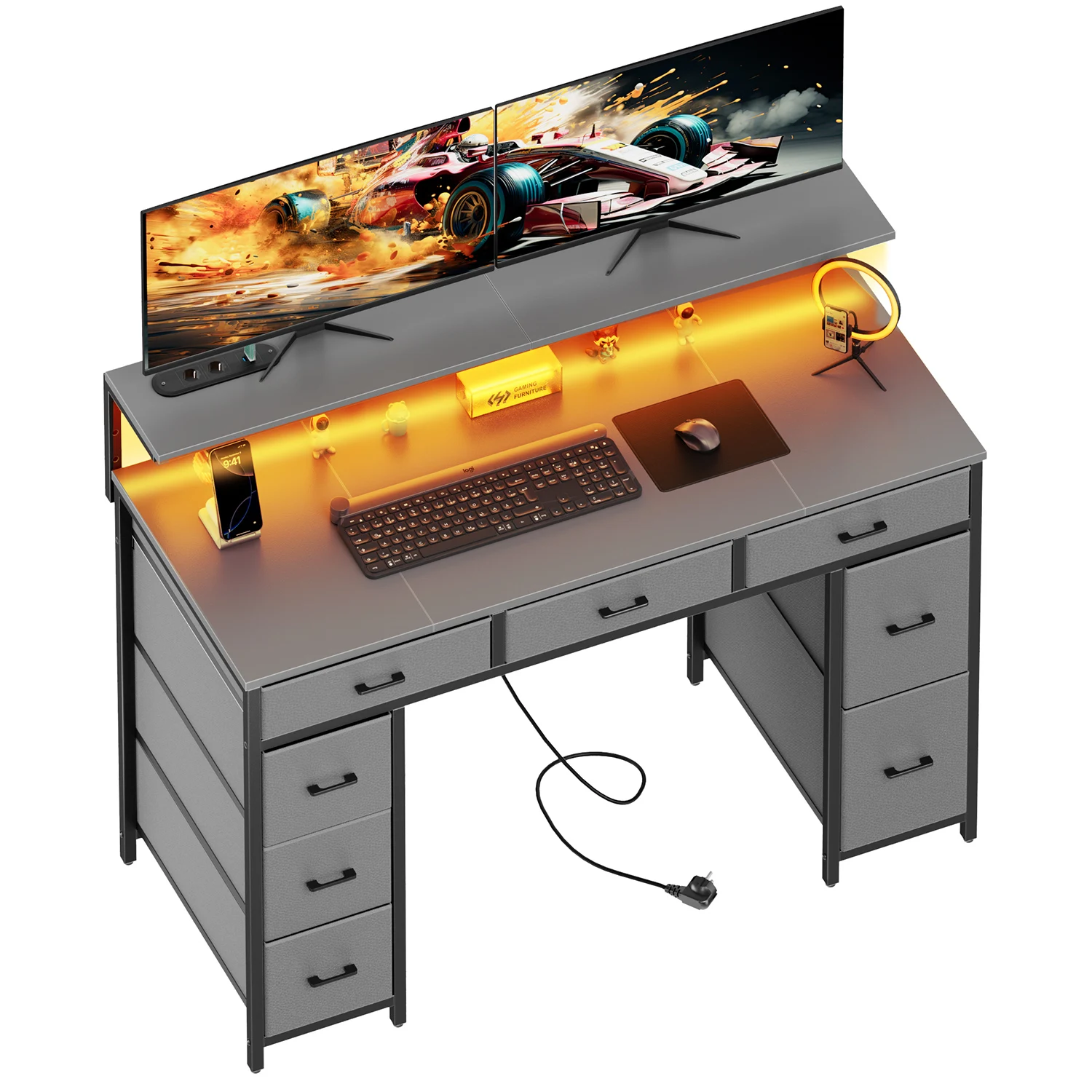 Computerbureau met 8 opberglades, verstelbare monitorstandaard, bureau met LED-verlichting en USB-aansluitingen, gametafel