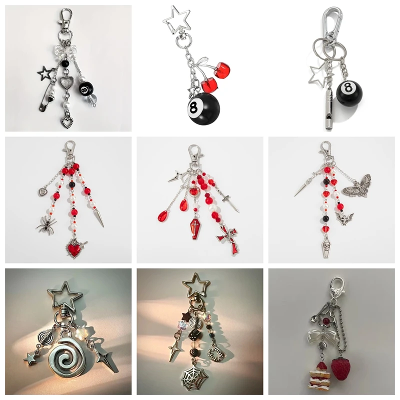 Chic Handmade Beaded Keychain for Men Women Punk Style with Lobster Clasp, Featuring Star, Heart, and Pearl Charms Accessory