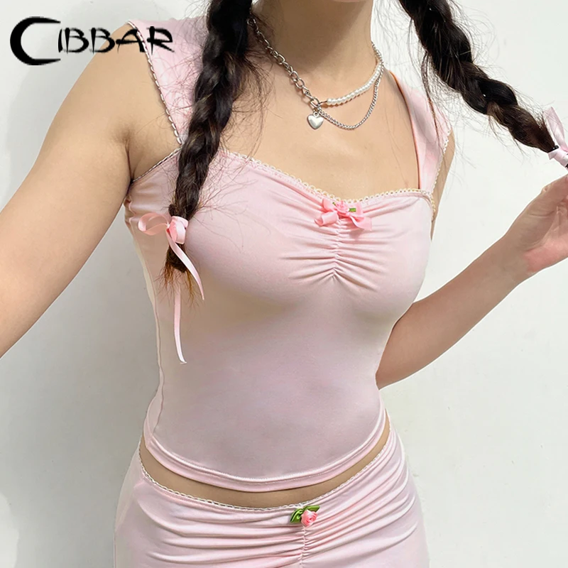 CIBBAR Coquette Pink Bow Stitched Crop Top Summer Vintage 2000s Solid Sweet Tank Tops Women Sleeveless Casual Tees Y2k Aesthetic