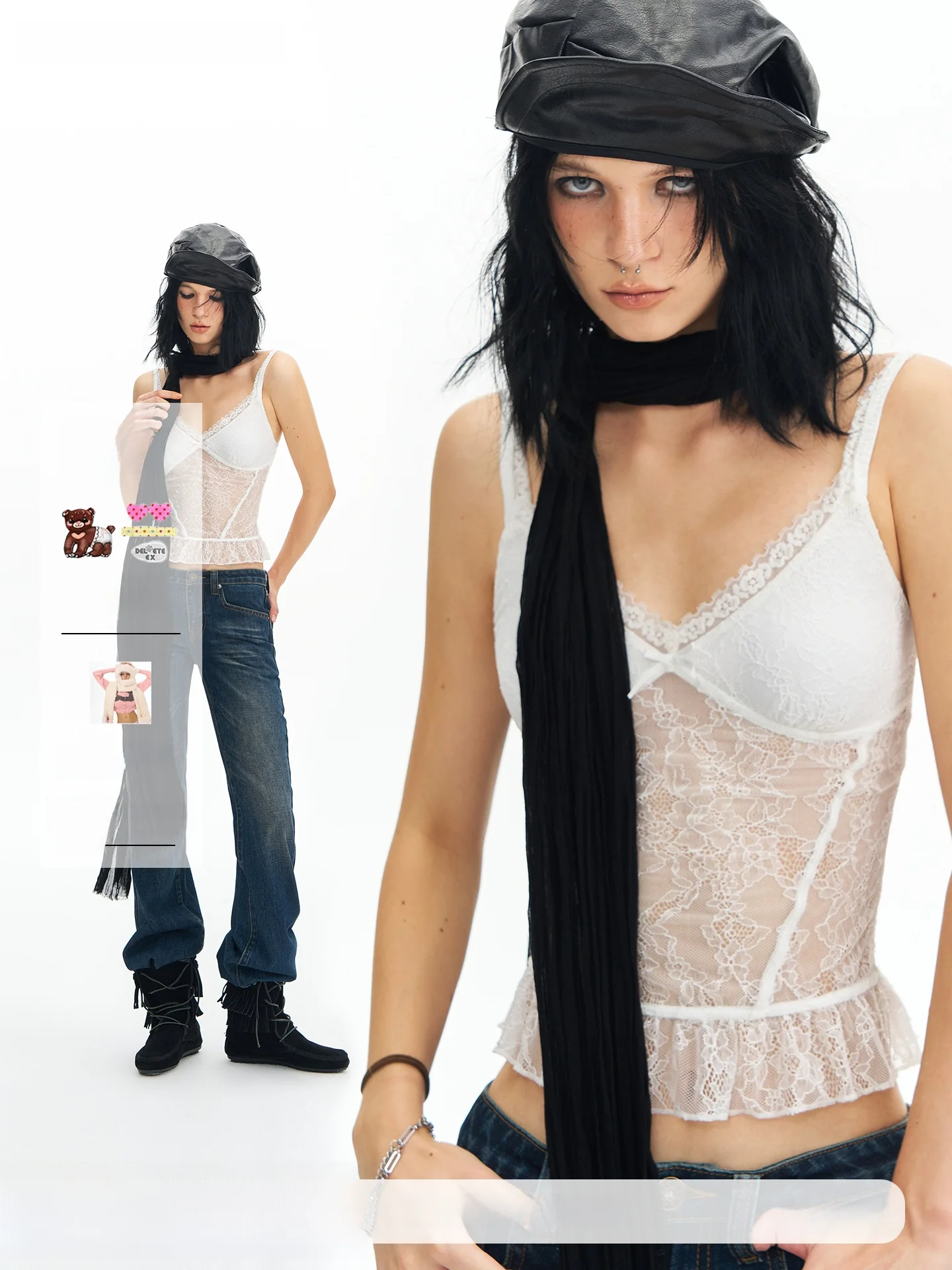 

Топ-майка Original Deleteex London Rebellion Girl с V-образным вырезом, эластичной кружевной отделкой и многослойным дизайном, из нейлона и спандекса, женская