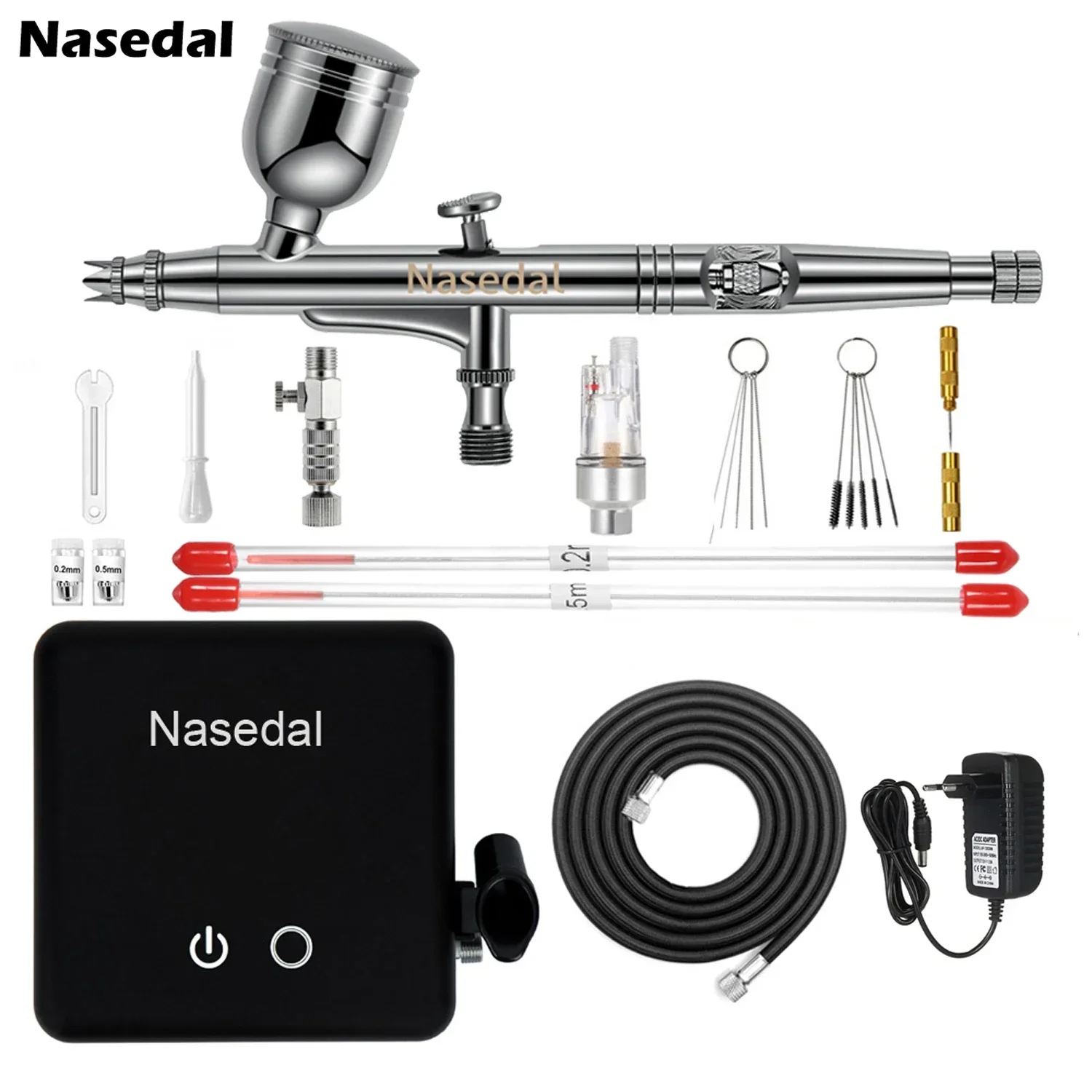 

Nasedal Auto-Stop Function Airbrush Compressor 7cc 0.3mm Dual-Action Airbrush Spray Gun for Model Cake Painting Nail Art