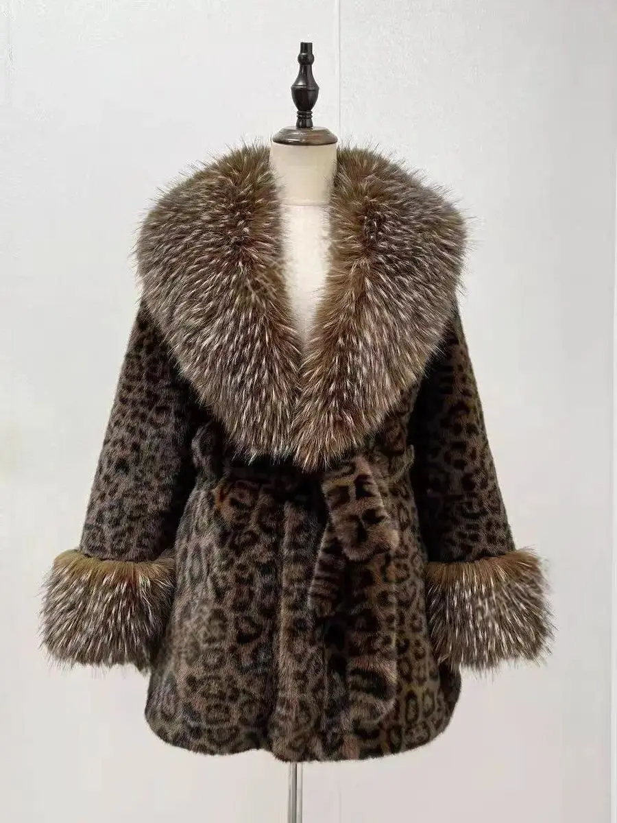 Luxury Winter Faux Fur Coat Women Leopard Print Temperament Fur Jacket Medium-Long High End Collar With Belt Fur Jacket Overcoat