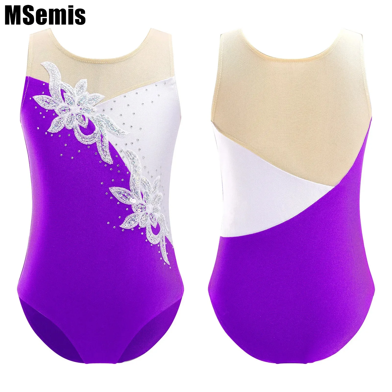 

Kids Girls Patchwork Ballet Dance Leotard Sleeveless Mesh Glittering Sequins Faux Diamonds Adorned Gymnastic Skating Jumpsuit