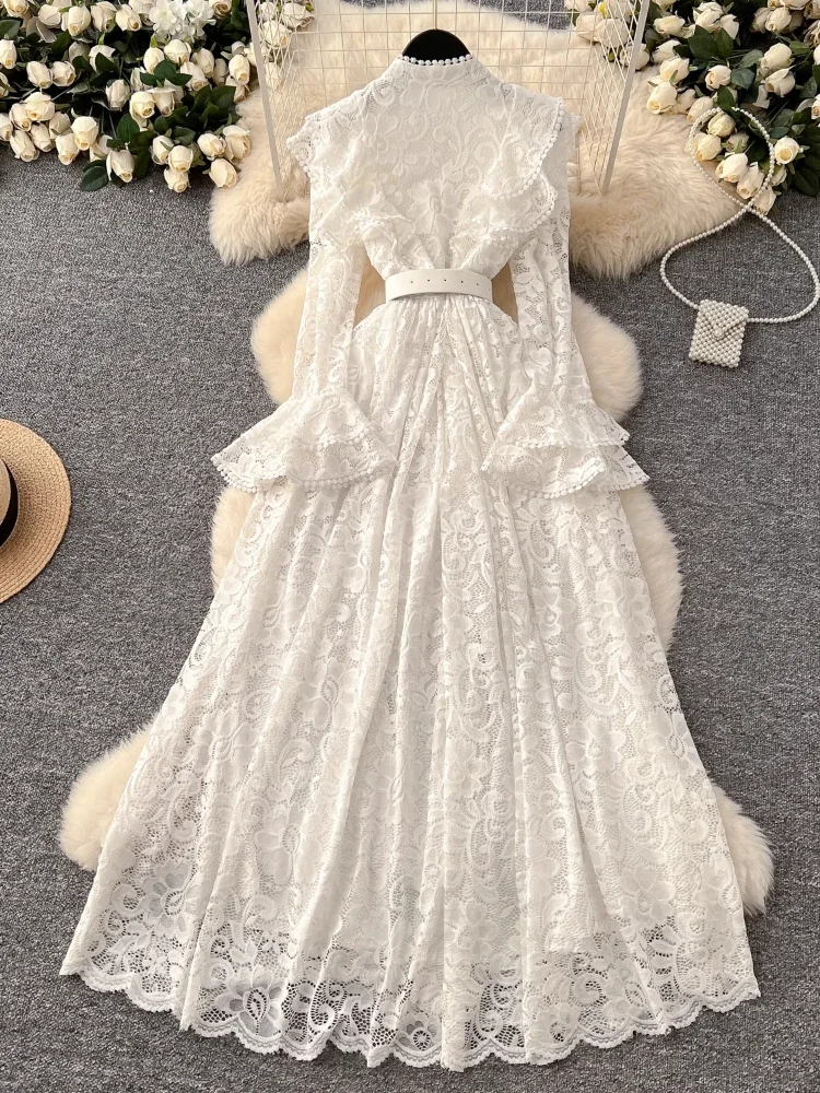 France Elegant Vintage Palace Evening Dress Women Embroidery Lace Sashes Long  Party Dress Female Luxury Chic Festival Clothing - AliExpress
