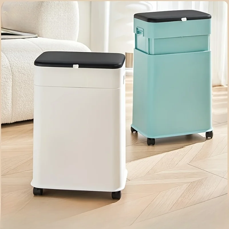 1pc Adjustable Height Plastic Trash Can With Lid Wheels Mobile Waste Basket Easy Move Slim Design Kitchen Bathroom Living Room