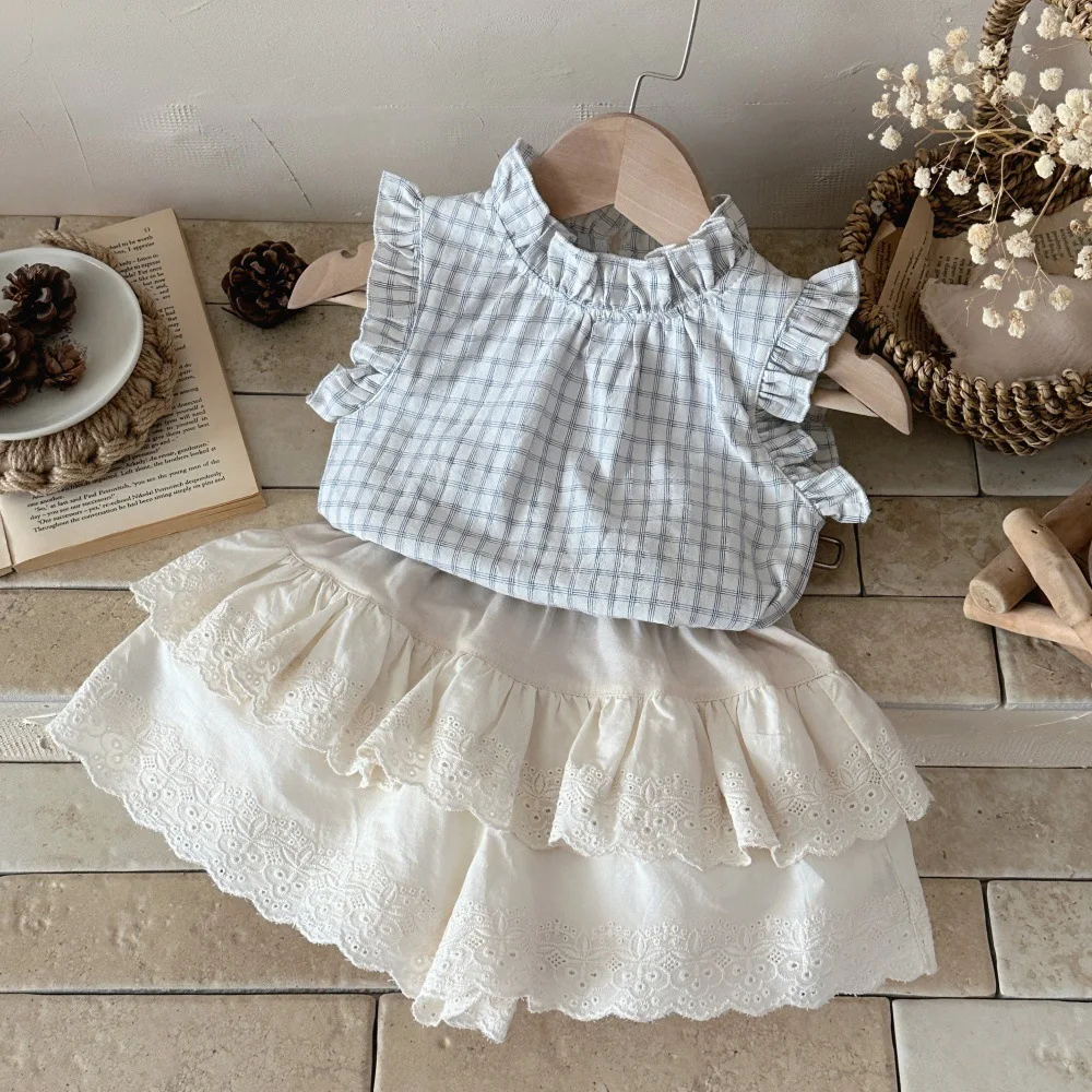 2026 Summer New Baby Girl Sleeveless Plaid T Shirts Girls Sweet Lace Collar Vest Cotton Infant Cute Patch Tops Toddler Clothes