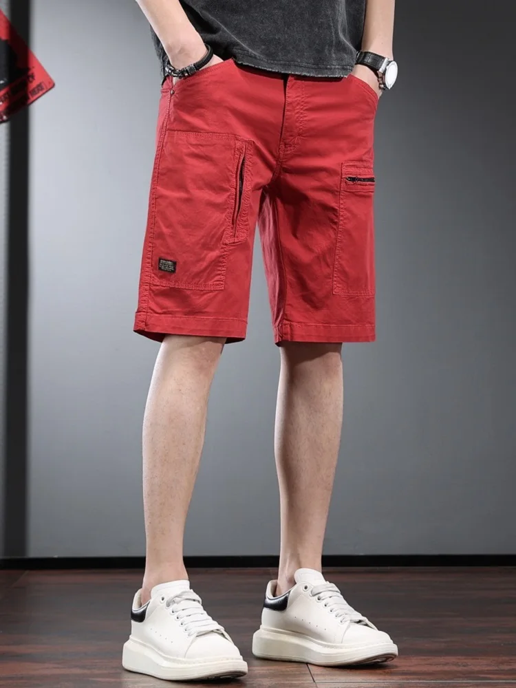 Cotton Baggy Men's Shorts Summer Fashion Red Multiple Pockets Straight Knee Length Shorts CP2292