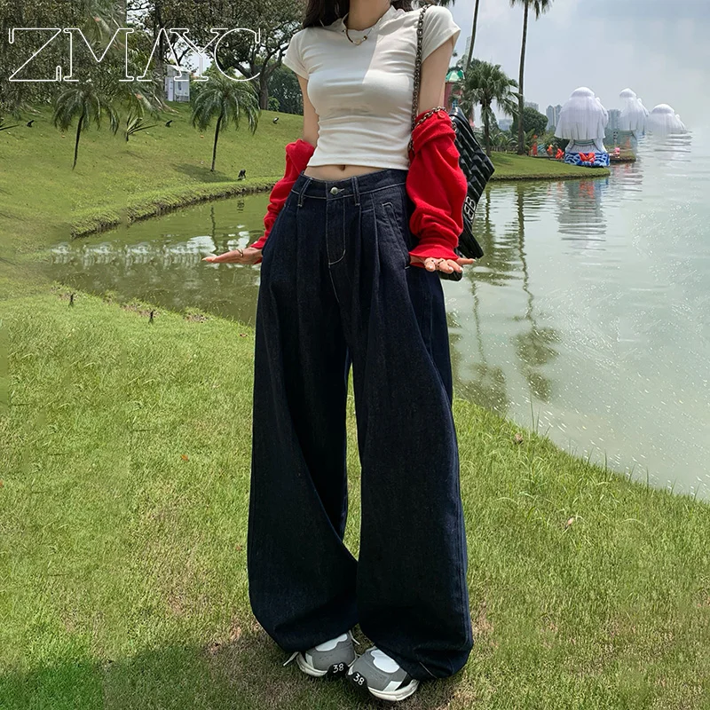 ZMAYC Women's Baggy Casual Retro Style Denim Trousers All-match Pleats High Waisted Pants Female Straight Loose Wide Leg Jeans