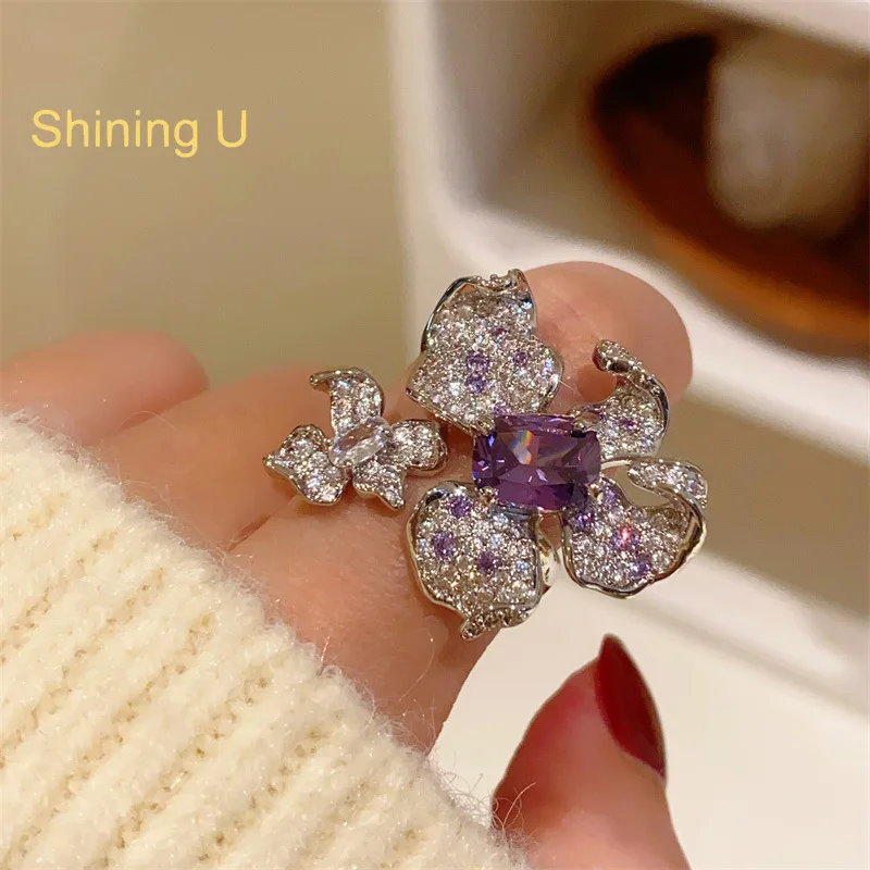 Shining U Luxury Violet Iris Full Zircon Gems Open Ring for Women Party Jewelry