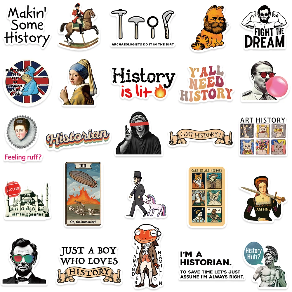 50pcs Funny History Stickers Decals For Phone Laptop Skateboard Notebook Bottle Aesthetic Waterproof Stickers Creative Gifts