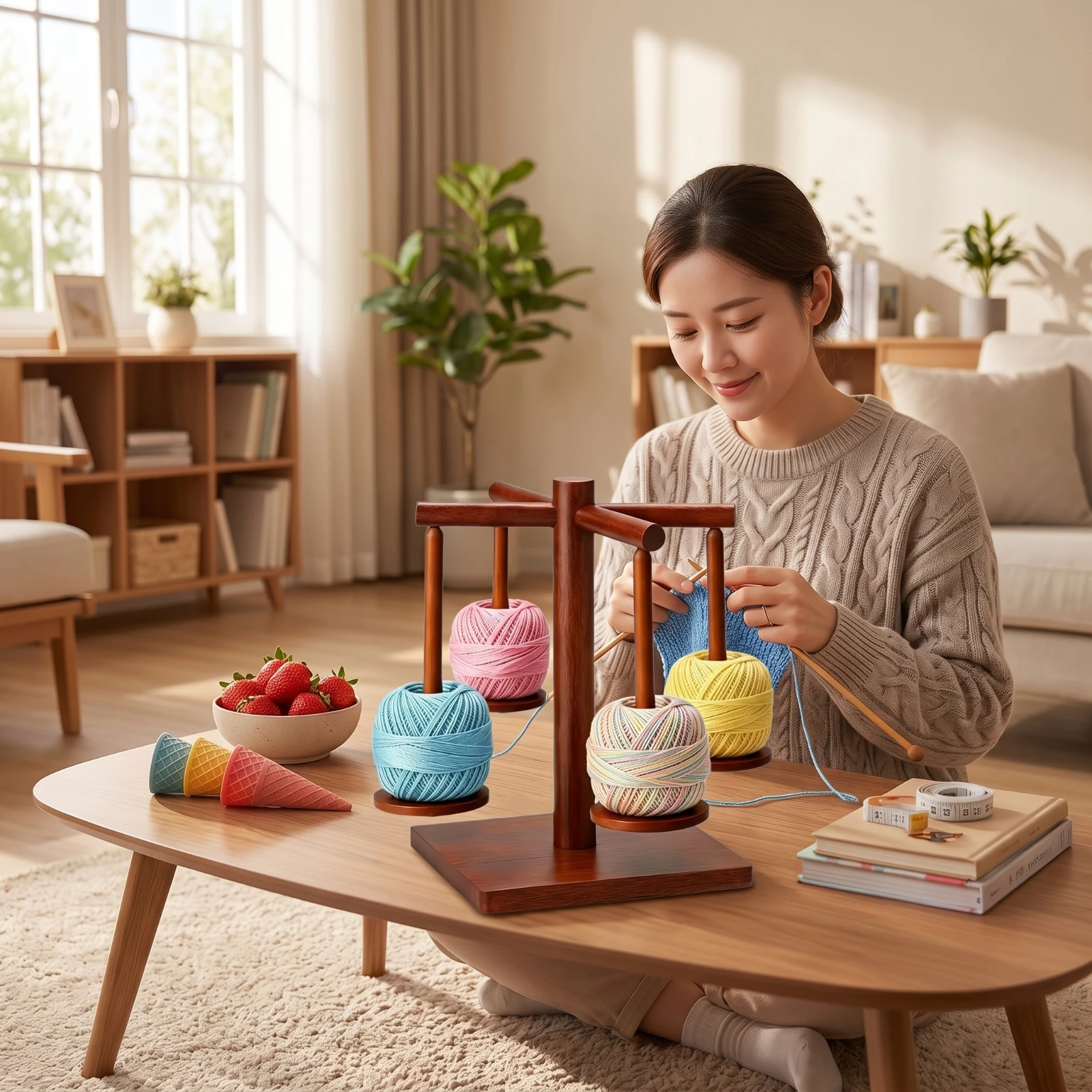 Support à Fil en Bois avec Bras Rotatifs Anti-Emmêlement, Organisateur de Fils avec Fils à Coudre, Outil d'Artisanat Indépendant pour Table