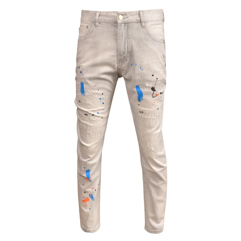 Summer Thin Light Gray Ripped Jeans for Boys Slim Fit Stretch Washed Distressed Paint Design Trousers