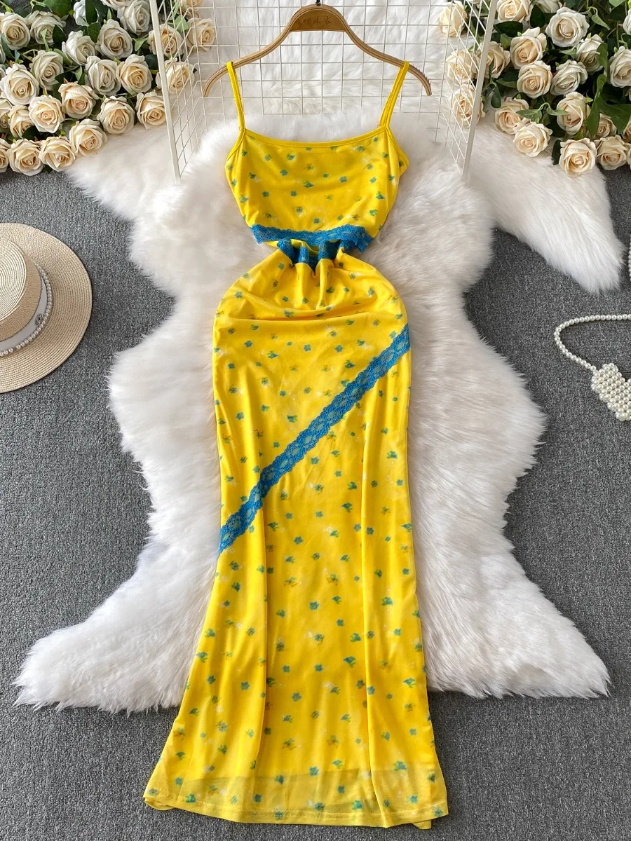 Foamlina Vacation Yellow Slimming Maxi Dress Women's Summer Sexy Backless Halter Floral Lace Cutout Cinched Waist Long Dress