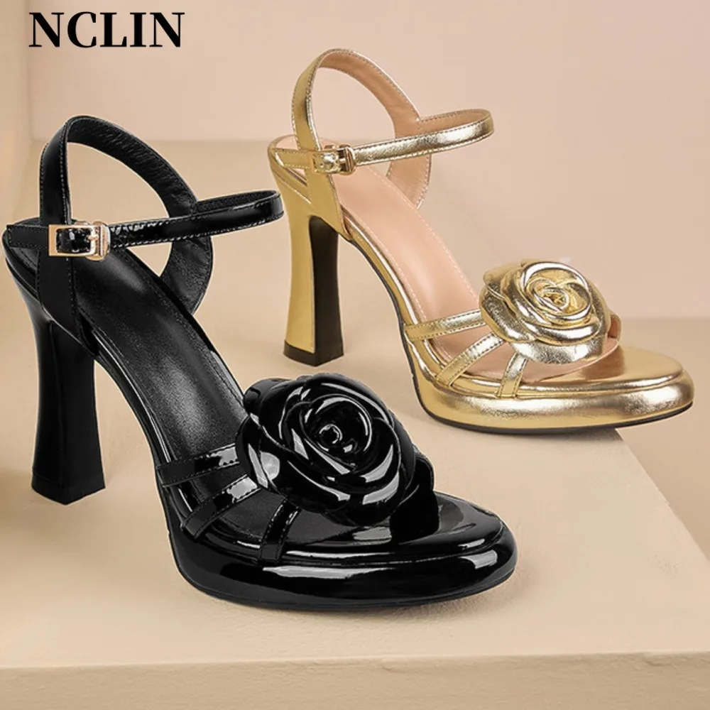 

2025Summer Top Luxury Brand Women's10CM Lacquer Leather Sexy High Heels Open Toe Comfortable Women's Shoes T-stage Party Sandals