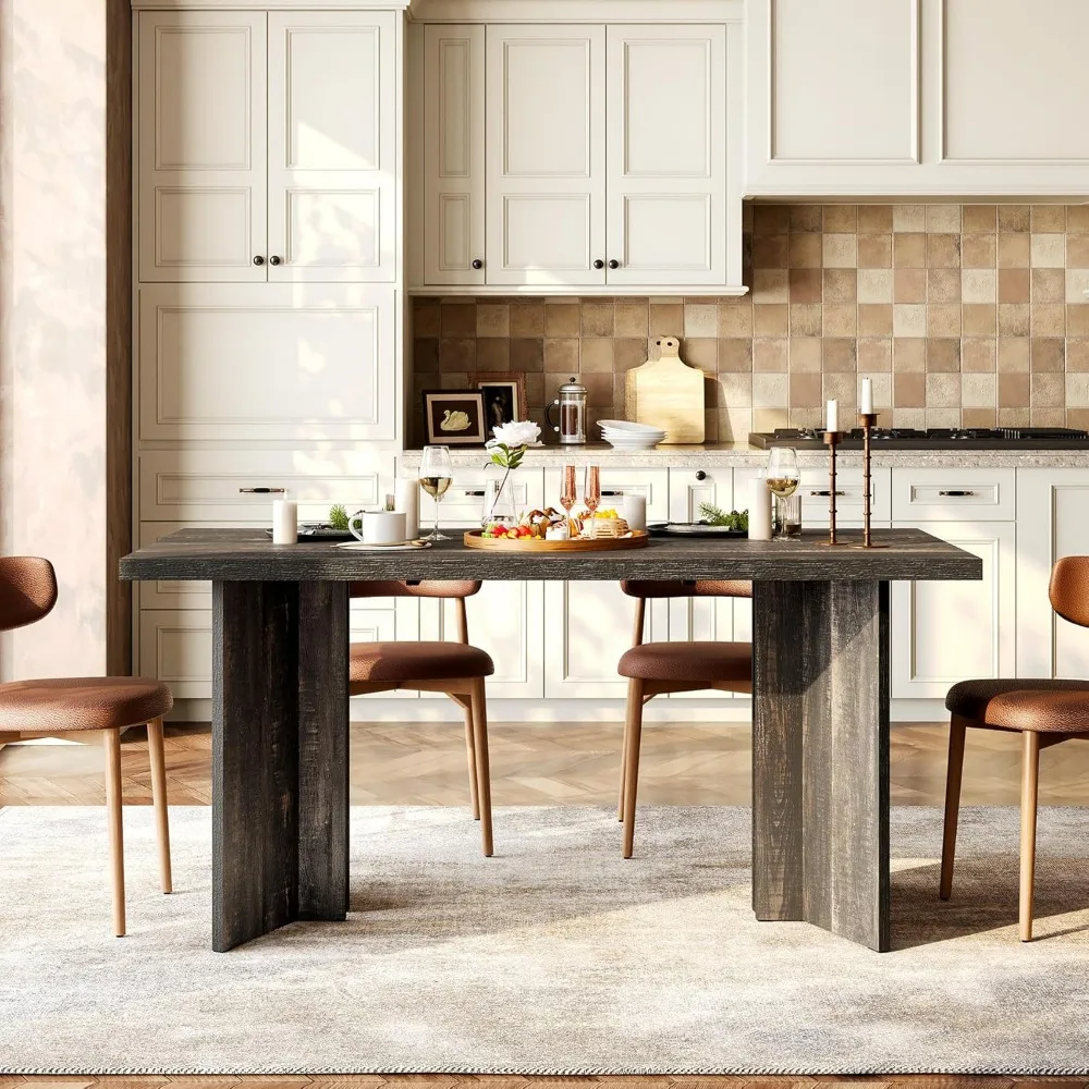 Wooden Dining Table Set for 6, 63-Inch Rectangle Kitchen Table, Modern Dinner Table for Home Dining Room, Kitchen Room,Dark Gre