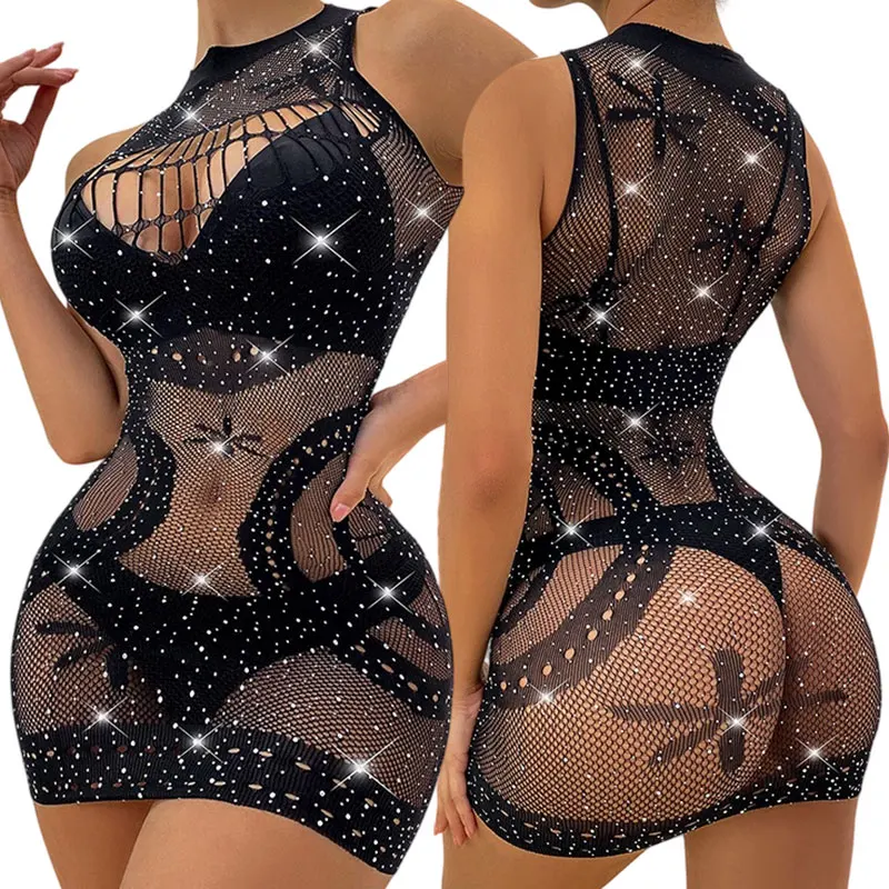 Strass-BH Einteiliges Lingerie-Set Damen Transparentes Kleid Glänzende Unterwäsche Bodysuit Sexy Nachthemd Intim-Outfit Netz-BHs