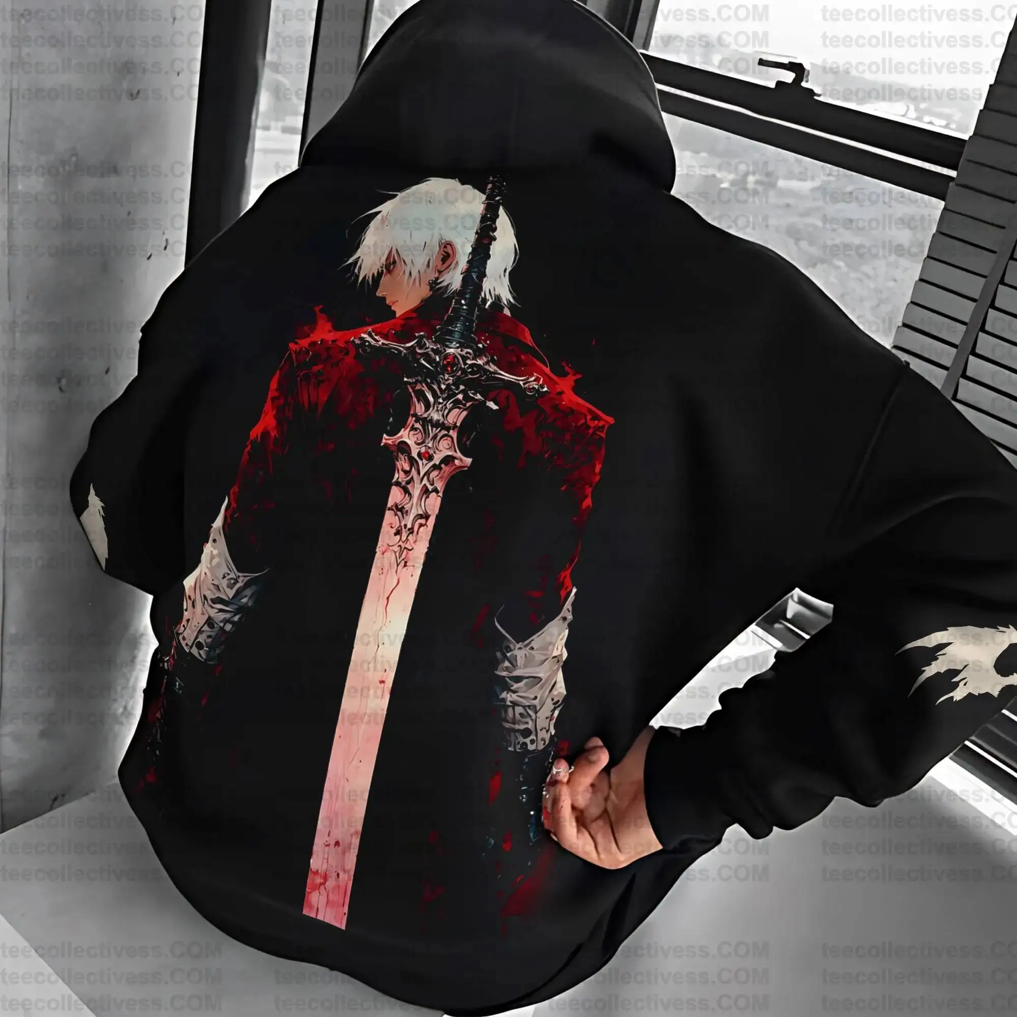 Black Devil May Cry Hoodie Set Katoenen videogamepersonage met wit haar en gigantische zwaardprint Casual outfit met lange mouwen