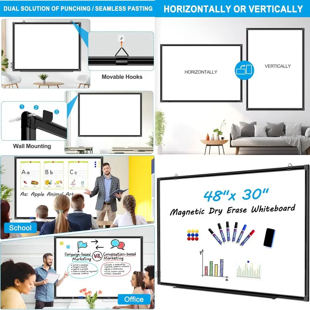 سبورة بيضاء مثبتة على الحائط مقاس 30 × 48 مع سطح مغناطيسي للمسح الجاف، وإطار من الألومنيوم الأسود للمنزل والمكتب والفصول الدراسية