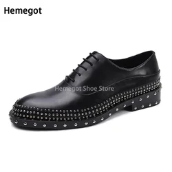 Silver Rivets Genuine Leather Business Men Dress Shoes Retro Patent Leather Oxford Shoes for Men Lace-Up Boots Eu Size 37-46