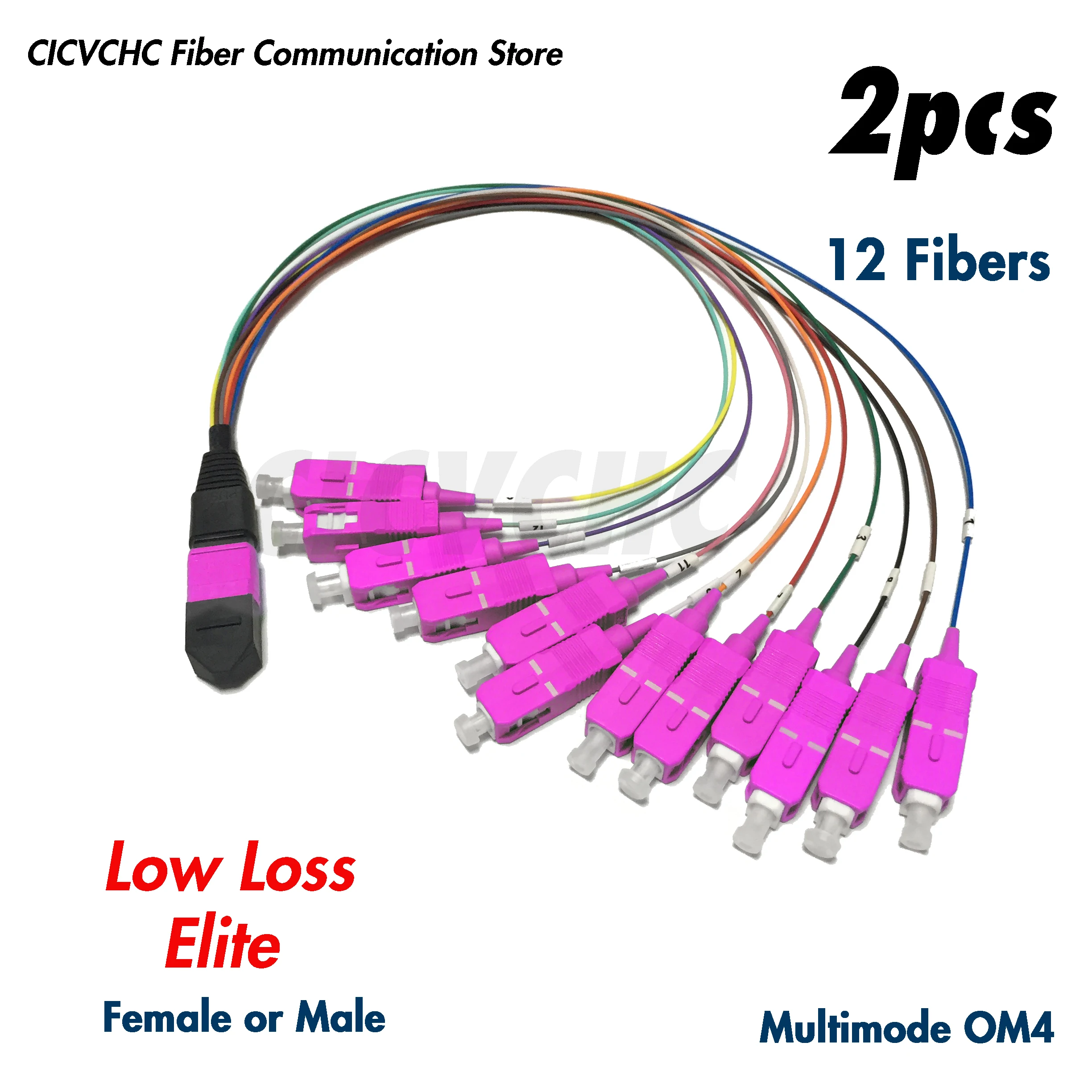 2pcs 12Fibers MPO/UPC - SC/UPC-Harness cable-MM OM4-0.35m 0.9mm colored tube-Elite/Low Loss-Male/Female