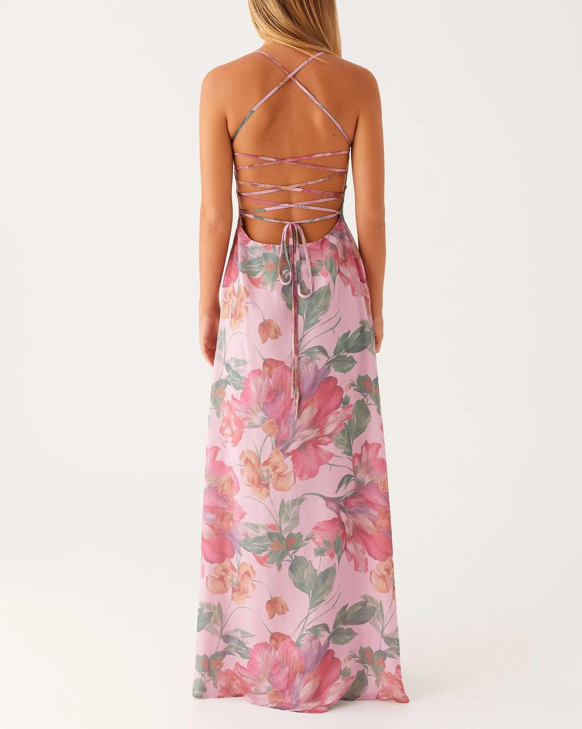 Frauen Langes Kleid Blumendruck Ärmelloses Cami-Kleid Sommer Kreuz Tie-Up Rückenfrei Mode Spaghettiträger Kleid Heißer Verkauf S M L